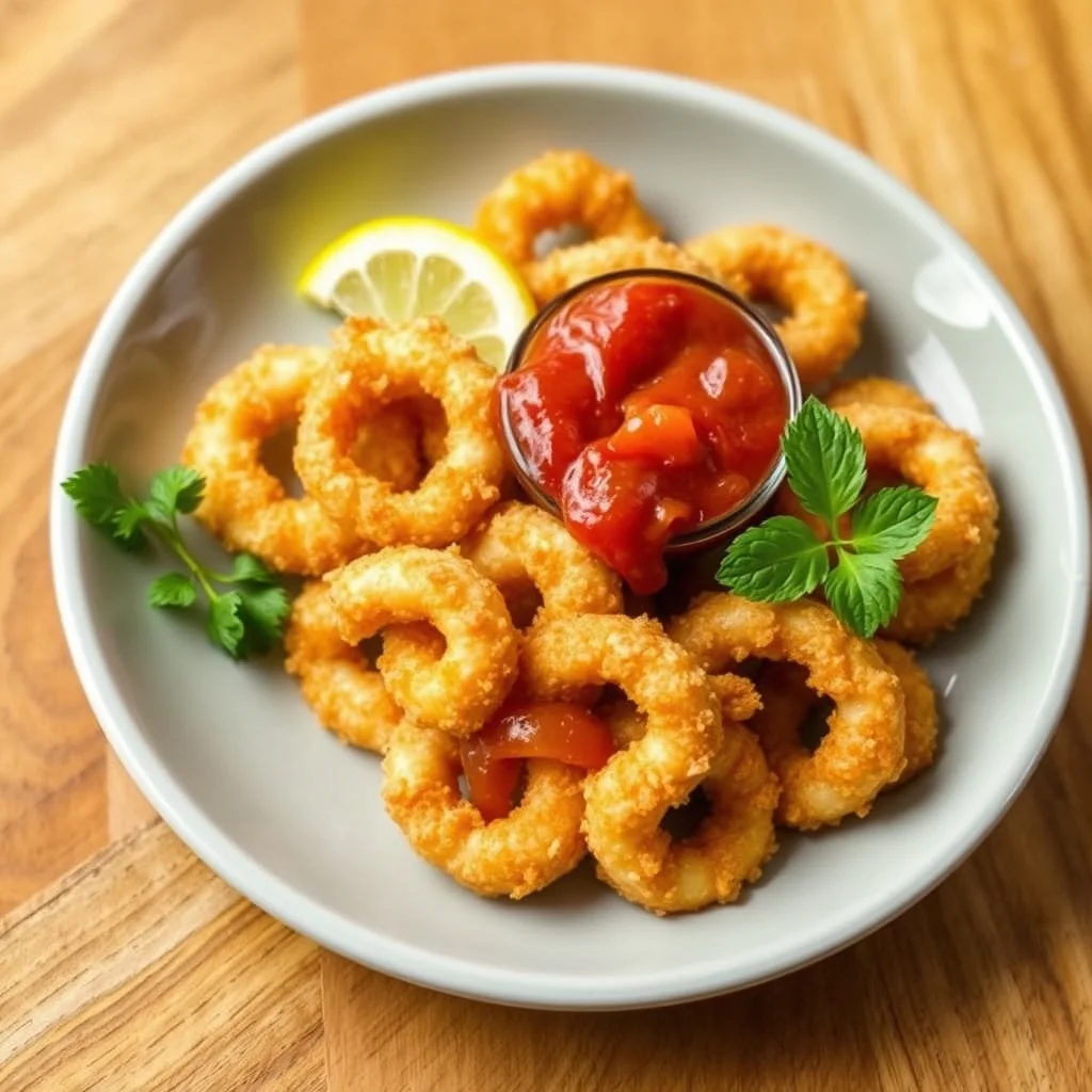 Plate of golden crispy calamari rings with marinara and lemon