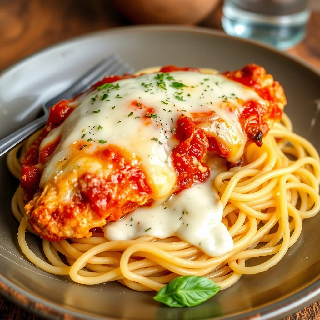 Golden chicken parmesan with melted mozzarella over spaghetti