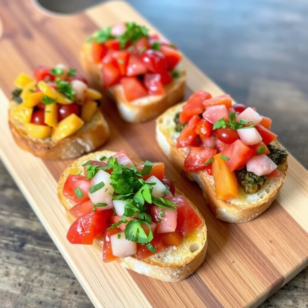 Three bruschetta toasts with colorful toppings on a wooden board