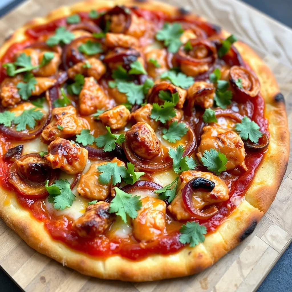 BBQ chicken pizza with caramelized red onions and cilantro