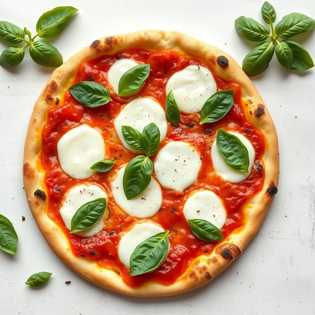 Classic Margherita pizza with fresh mozzarella and basil leaves