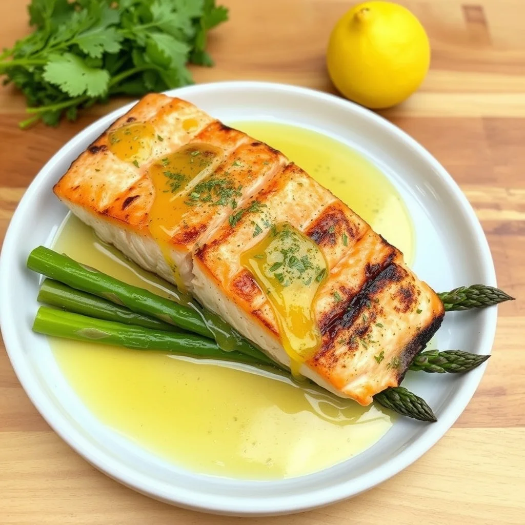 Pan-seared salmon fillet with lemon dill butter sauce and asparagus