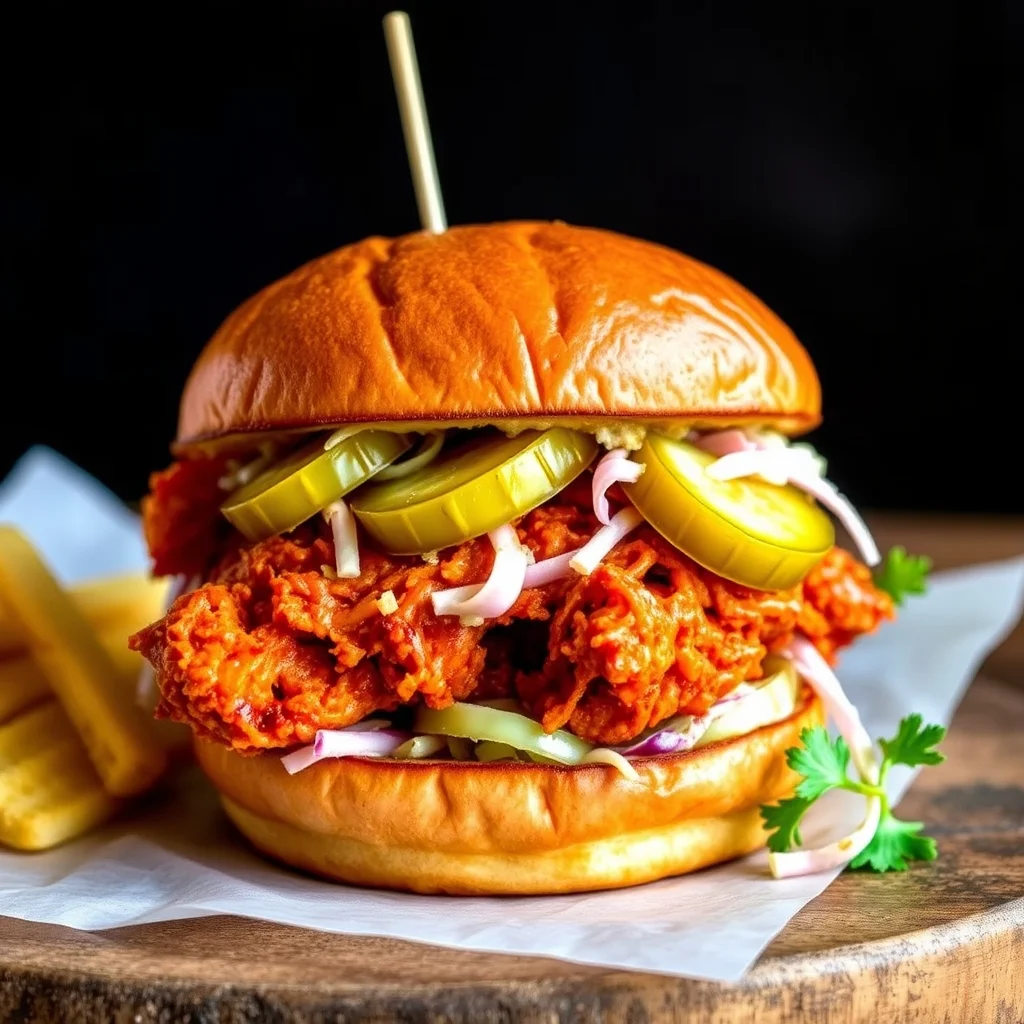 Spicy Nashville hot chicken sandwich with pickles and coleslaw