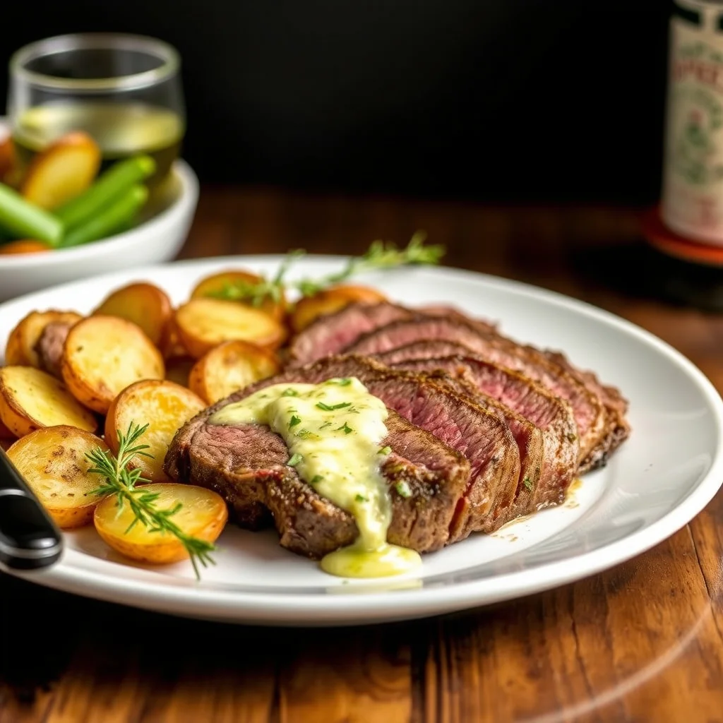 Sliced NY strip steak with garlic herb butter and roasted potatoes