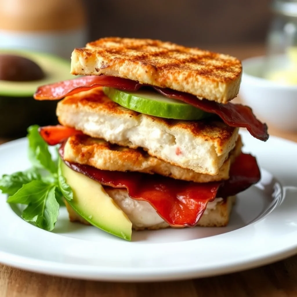 Stacked grilled chicken club sandwich with bacon and avocado